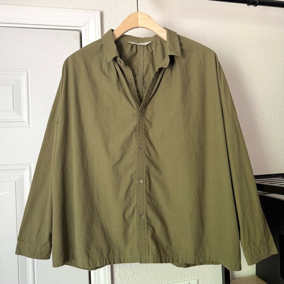 ICHI ANTIQUITES olive army green cotton boxy long sleeve button up shirt - Picture 1 of 6